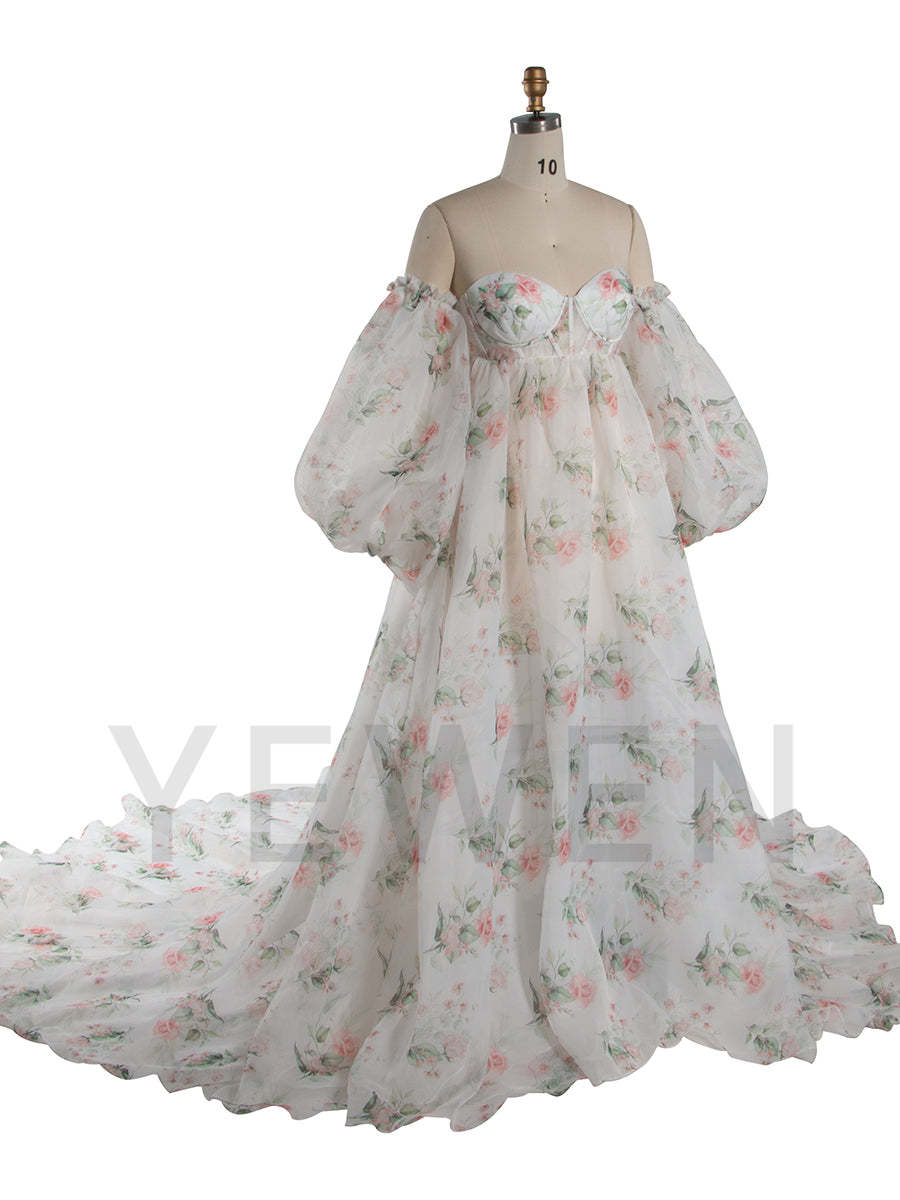 organza dresses women High Waist Floral Printed Silky Organza Dresses for Photo Shoot Baby Shower Gown for Pregnant Women YW221105-1