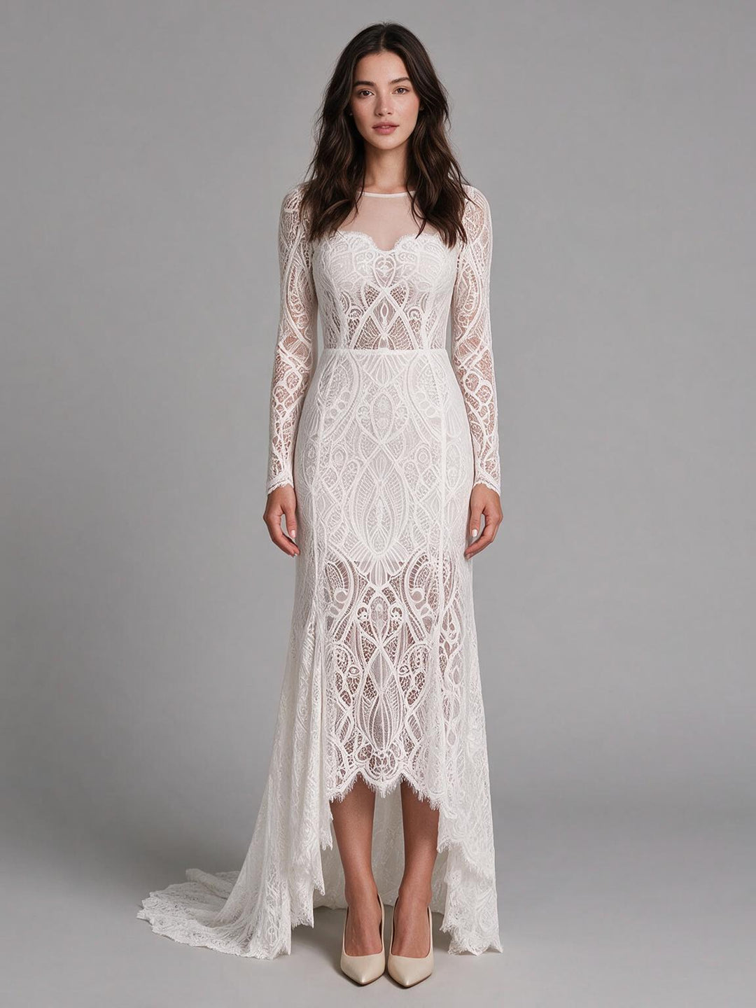 Ivory Sheer High Neck Full Lace Boho Wedding Dress with High-Low Hem