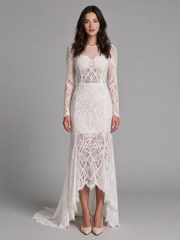 Ivory Sheer High Neck Full Lace Boho Wedding Dress with High-Low Hem