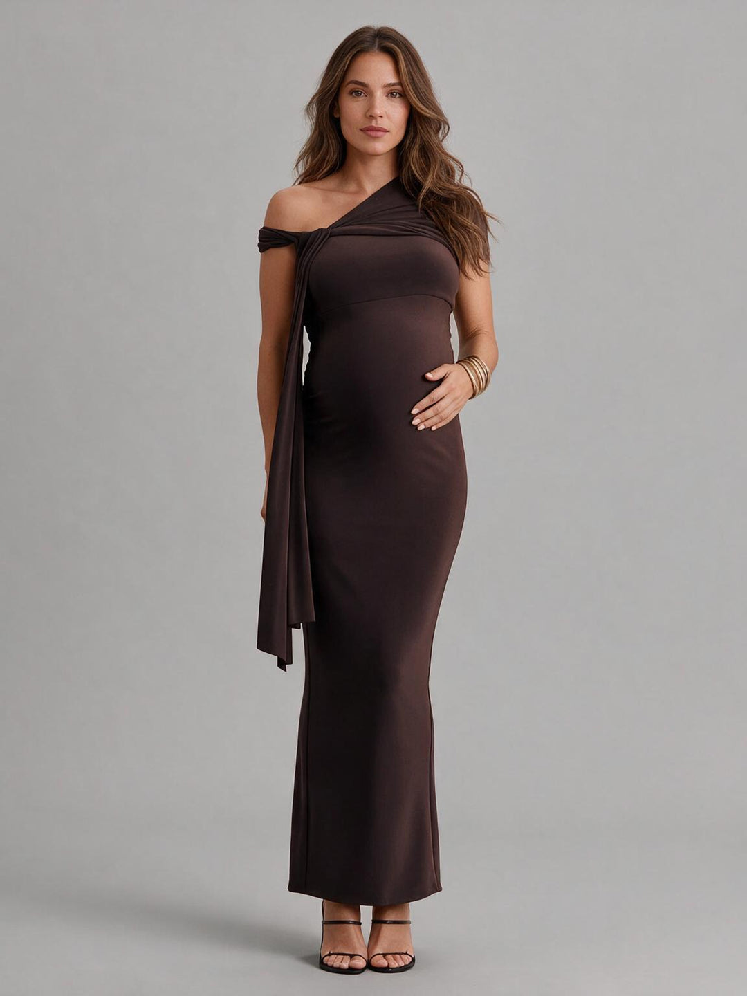 Asymmetrical One-Shoulder Twist Ruched Maternity Dress for Baby Shower