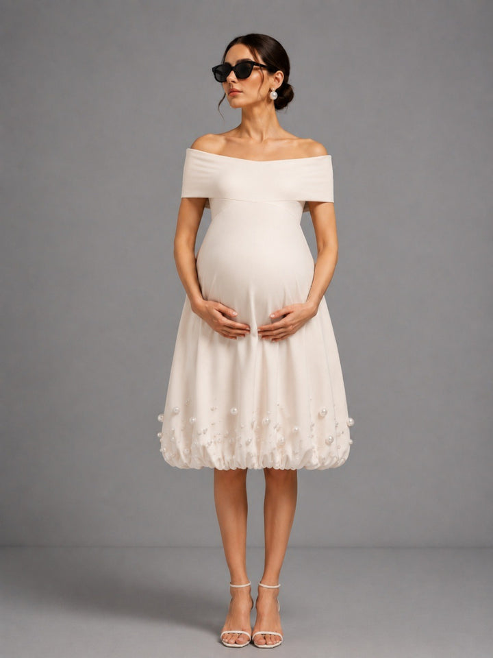 Ivory Off-Shoulder Maternity Baby Shower Dress with Pearl Bubble Skirt L-26927