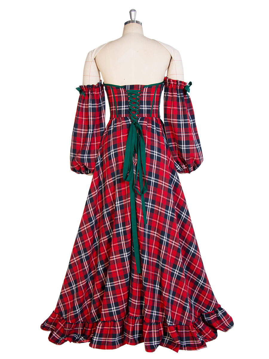 Long Sleeves Vintage Christmas Plaid Maxi Dress A-Line Party Tartan