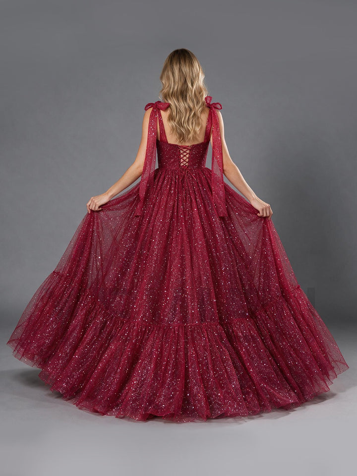 Burgundy Bow Strap Sequin Layered Ruffle Christmas Dress YW2610087