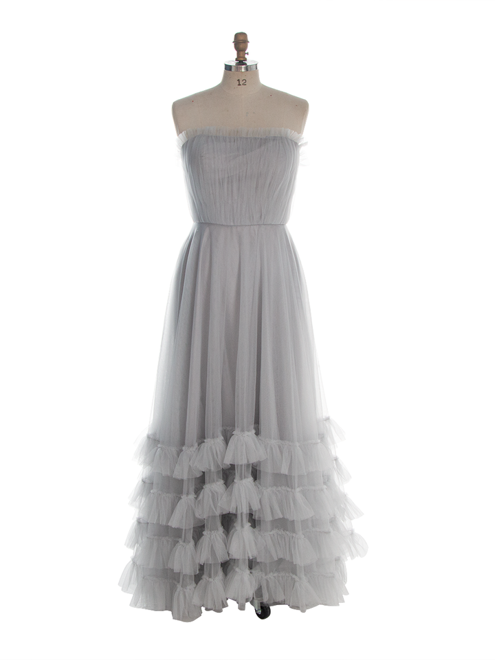 Grey Tulle Dress for Photoshoot Floor Length Ruffles Maxi Dress YW260267