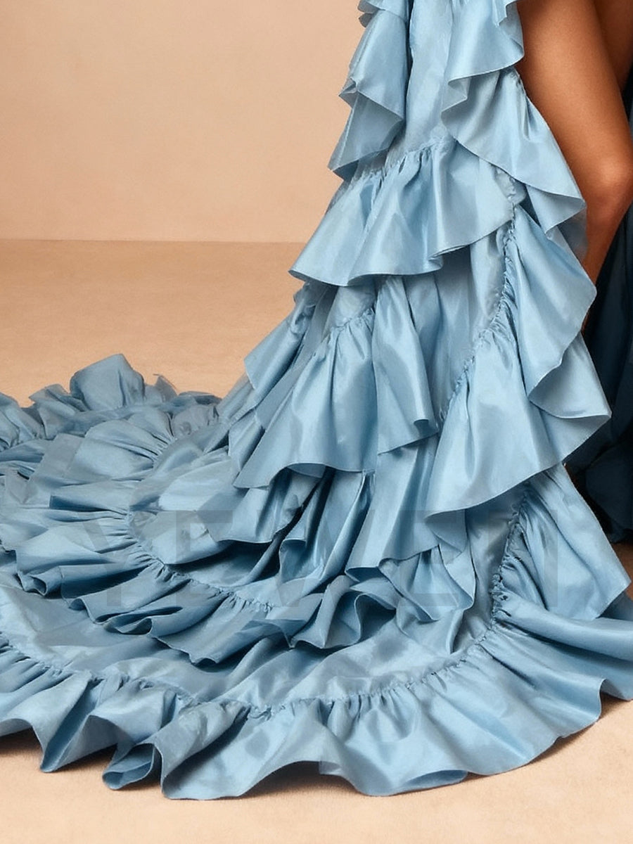 Blue Layer Ruffles Cape Maternity Women Jacket for Photoshoot