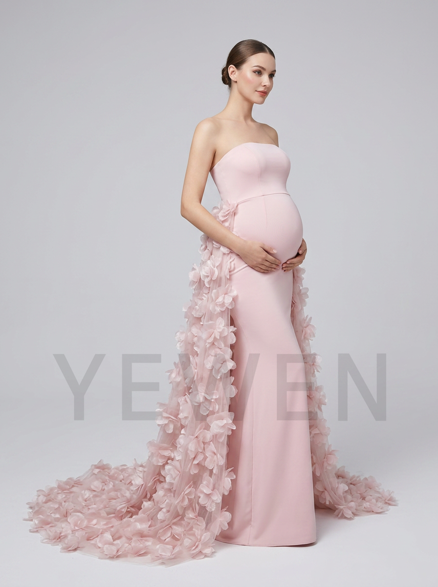Strapless Swimwear Fabric 3D Floral Maternity Photoshoot Gown YD260907