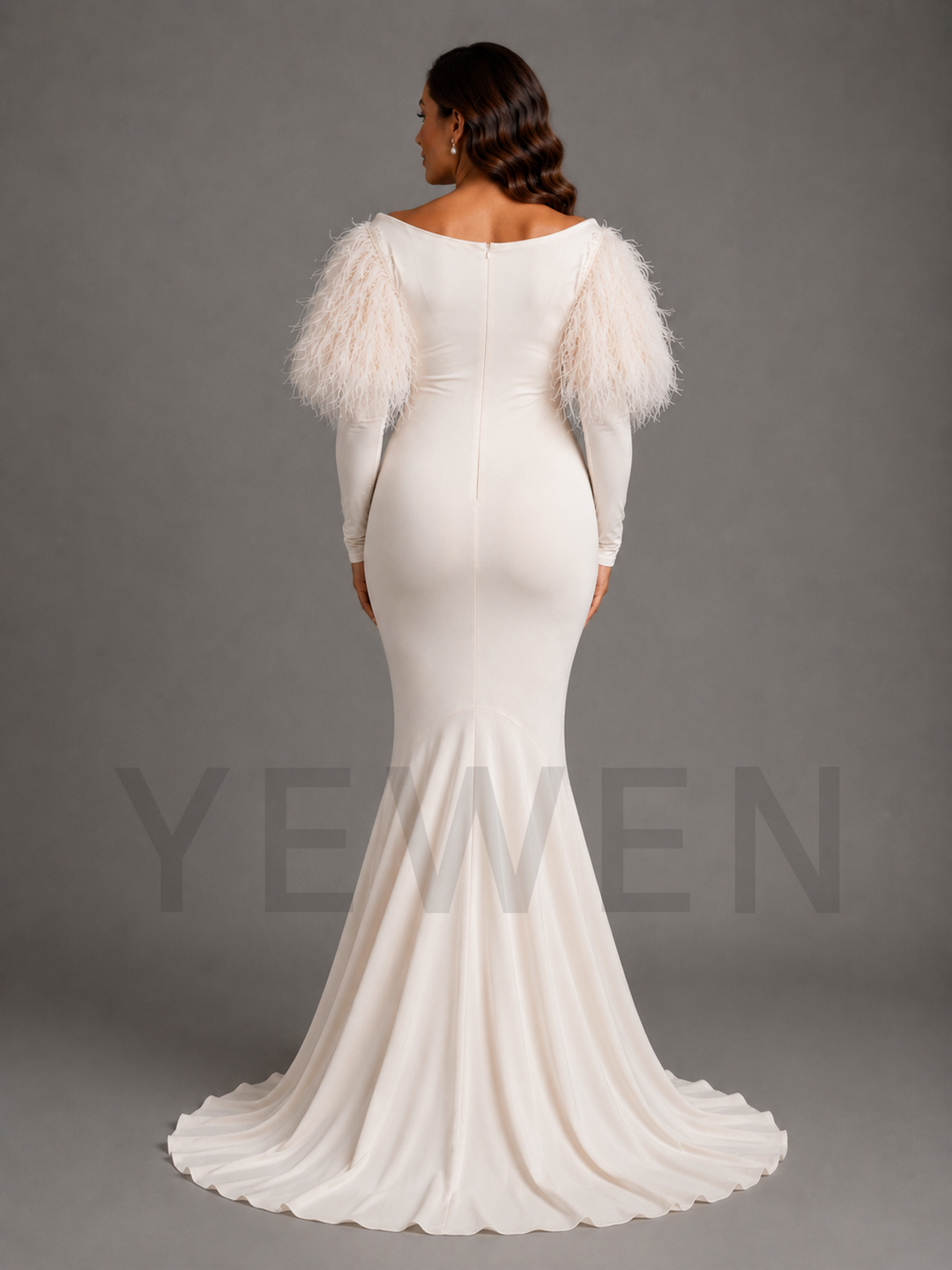 Ivory Feather Sleeve Maternity Mermaid Dress for Baby Shower L-26817