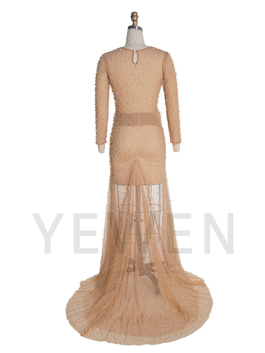 Stretchy Mesh Pearls Maternity Fitted Dress for Photoshoot
