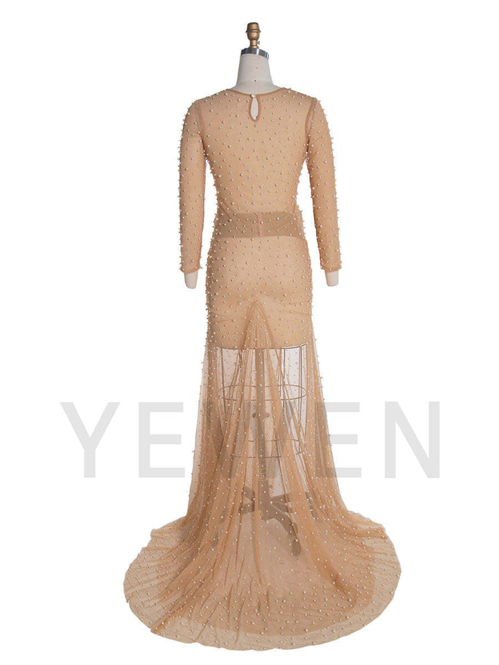 Stretchy Mesh Pearls Maternity Fitted Dress for Photoshoot