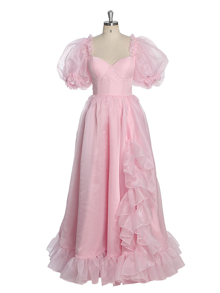 Puff Sleeve Pink Organza Dress Fancy Photo Shoots Dress Lace-Up Back YW231019