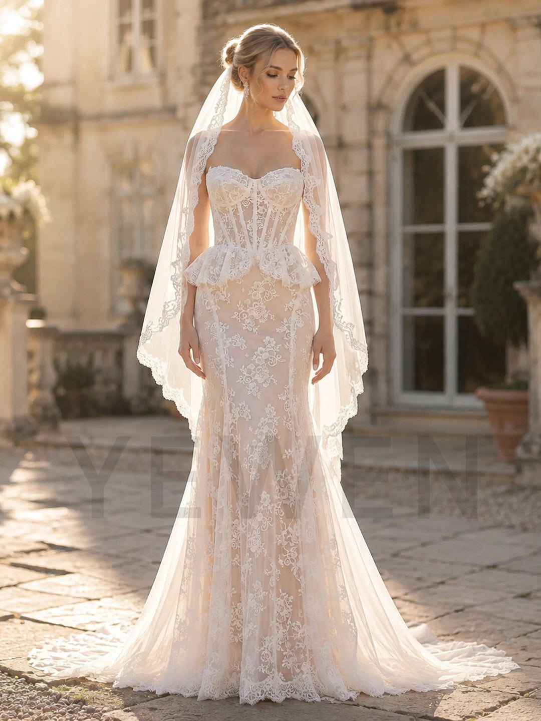 Ivory Sweetheart Corset Peplum Lace Mermaid Wedding Dress (without Veil)