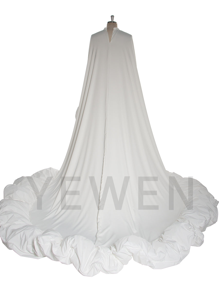 Elegant White Ruched Long Bridal Dress with Train Cape Asymmetrical  Formal Maxi Gown for Wedding Photoshoot YW251021