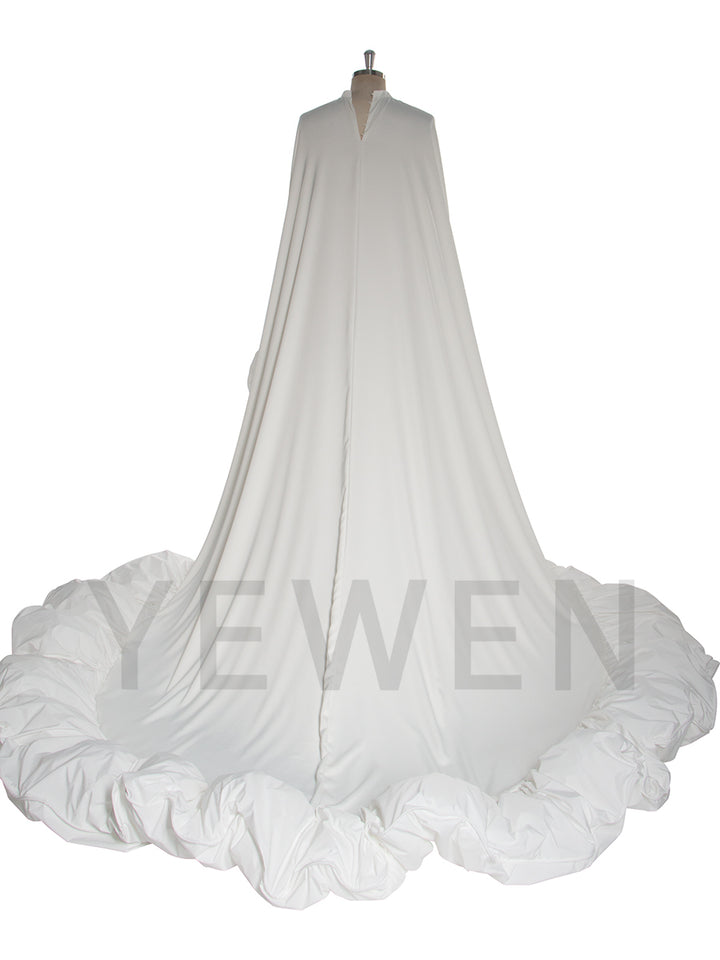 Elegant White Ruched Long Bridal Dress with Train Cape Asymmetrical  Formal Maxi Gown for Wedding Photoshoot YW251021