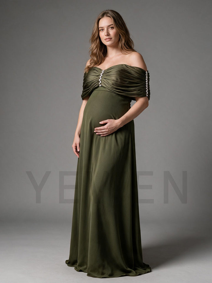 Off-Shoulder Rhinestone Maternity Dress for Baby Shower YW2609234