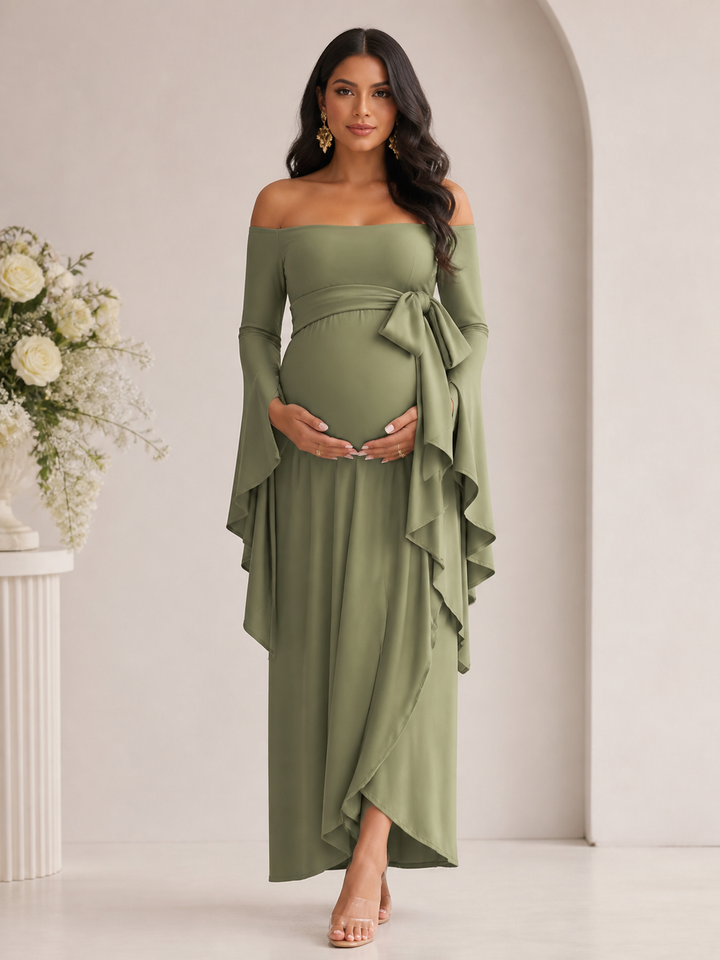 Olive Green Long Bell Sleeve Maternity Baby Shower Dress ZX002