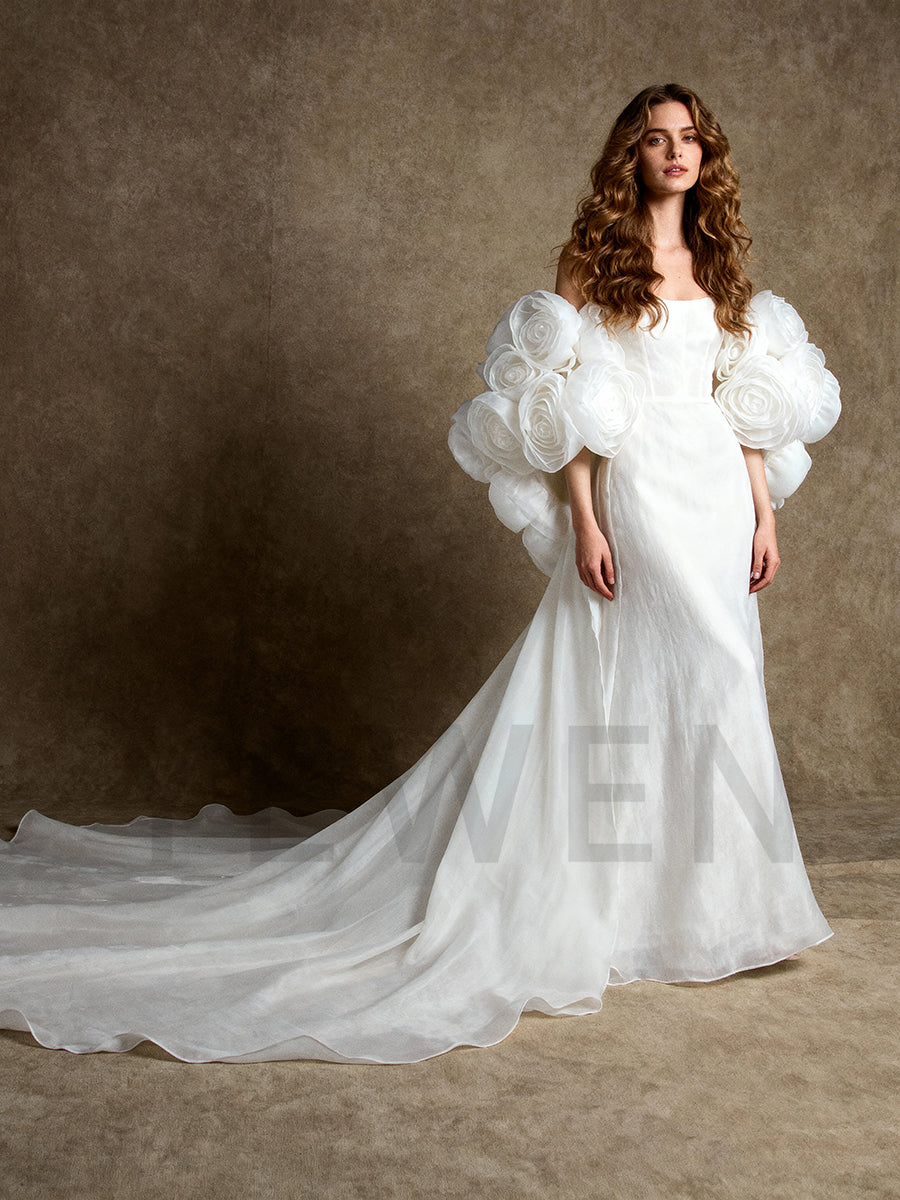 Bridal Cape, Wedding Cape, Billowing Cape, Organza 3D Flower Cape, Rose Bridal Shrug, Couture Cape For Photoshoot YW250028