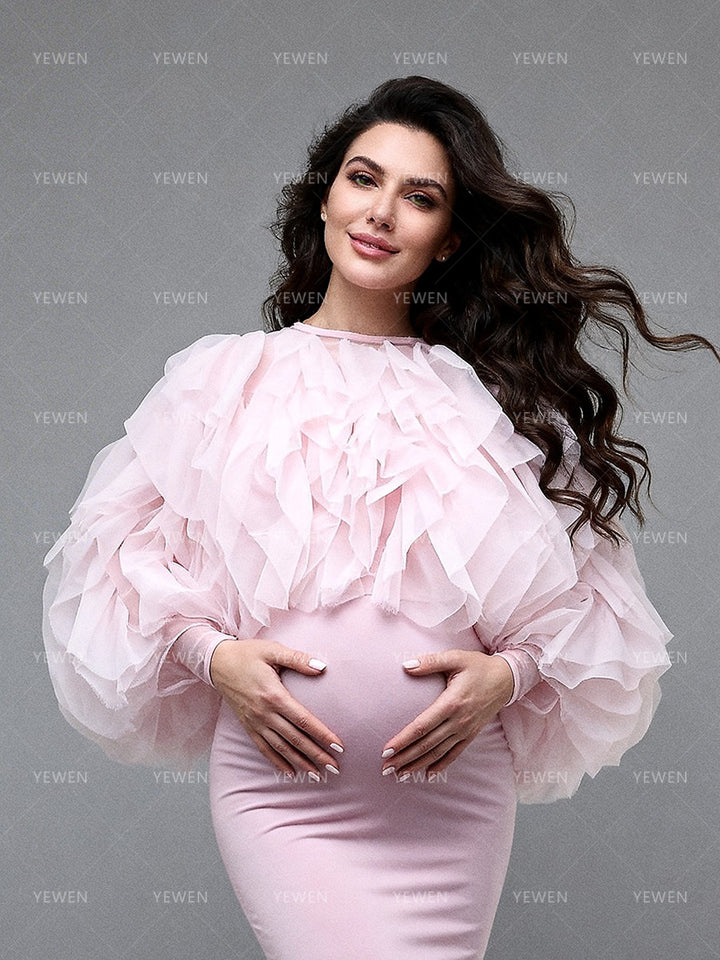 Pink Mermaid Maternity Dress Photoshoot Ruffles Coat 2 Piece Set