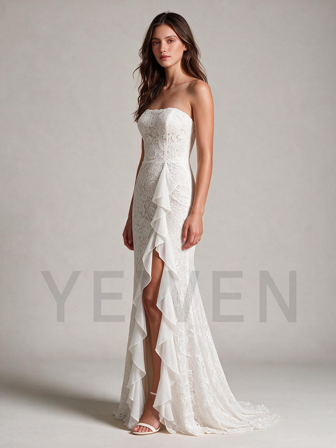 Ivory Strapless Fitted Lace Mermaid Boho Wedding Dress with High Slit Skirt