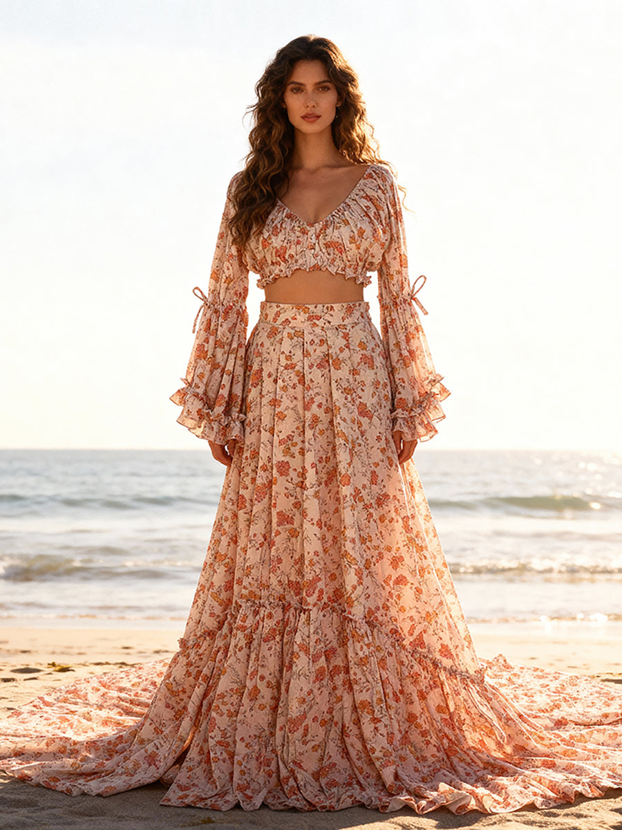 Elegant Cotton Floral Print Woman Maxi Dress Boho Beach 2 Pieces Gown Fancy Photography Props YD211008