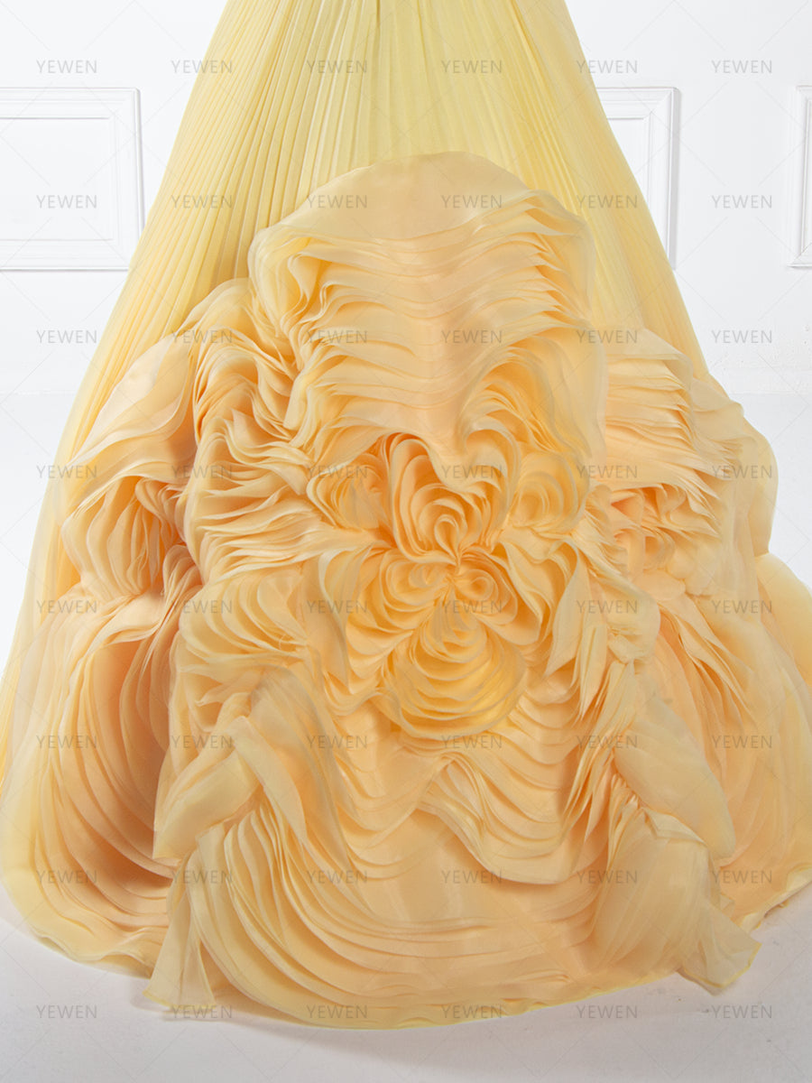 Modern Style Customized Yellow Ruched Long Formal Dress Strapless Evening Gown YW260273