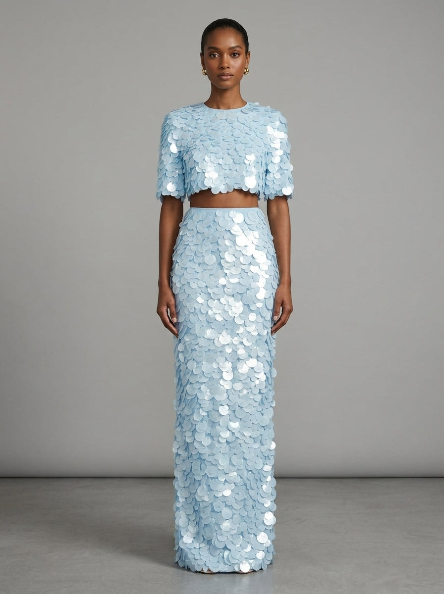 Two-Piece Sequin Party Dress Set with Crop Top and Long Skirt YD261005