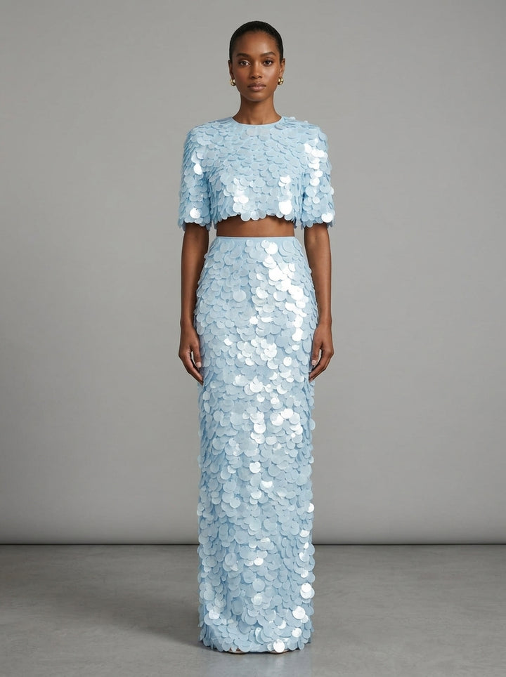 Two-Piece Sequin Party Dress Set with Crop Top and Long Skirt YD261005