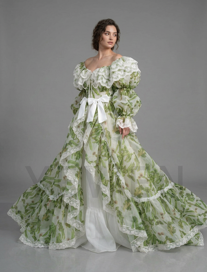 Floral Off-Shoulder Lace Ruffle Puff Sleeve Princess Dress YD260922