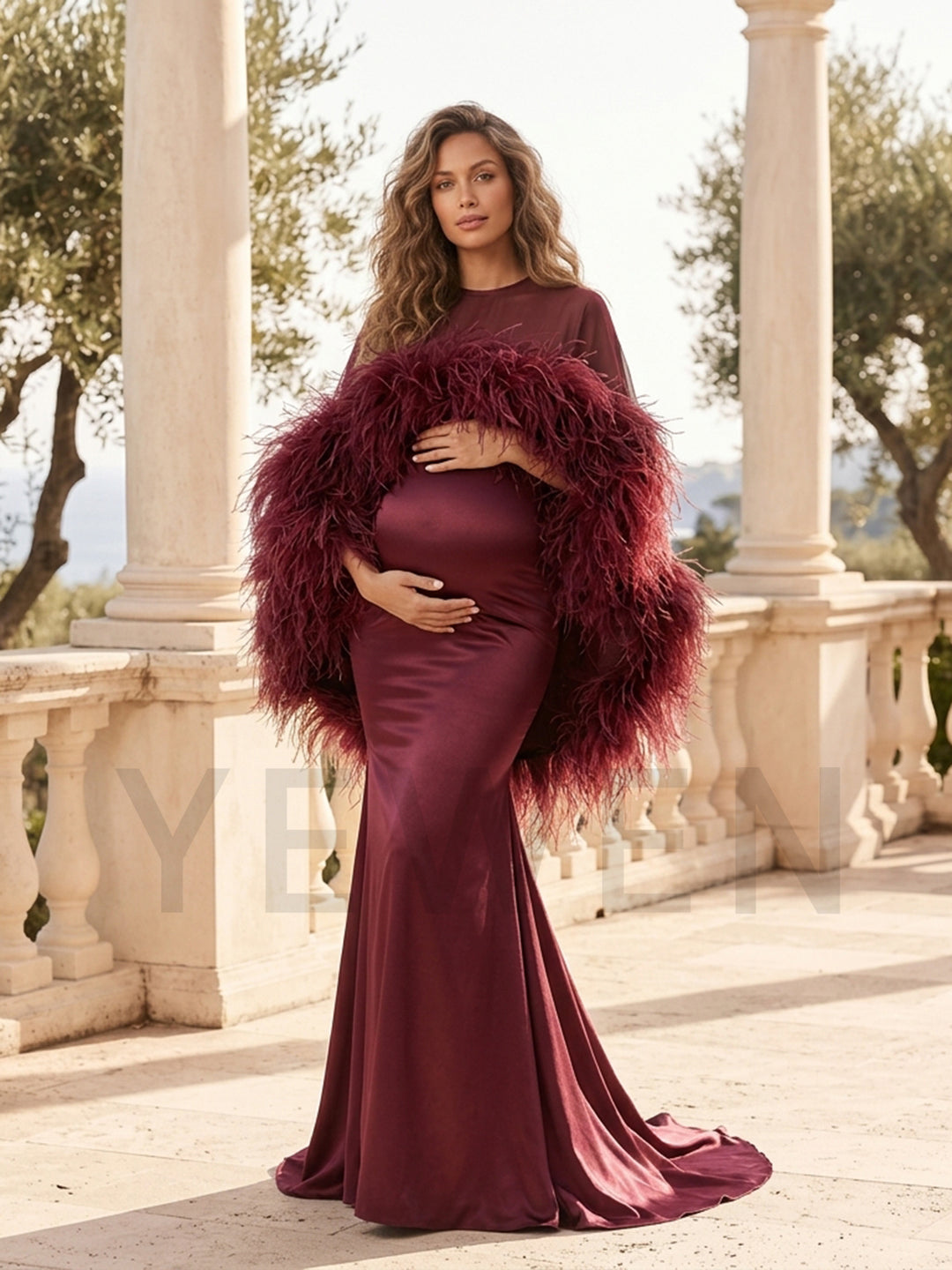 Burgundy Ostrich Feather Cape Maternity Baby Shower Dress YD260917