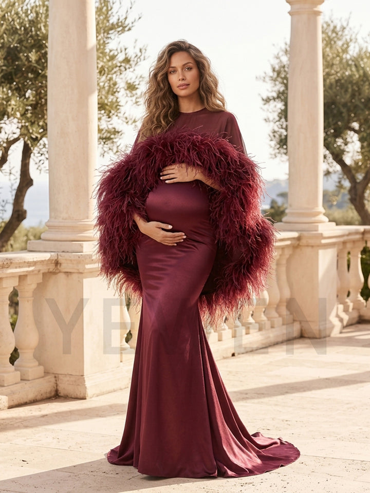 Burgundy Ostrich Feather Cape Maternity Baby Shower Dress YD260917