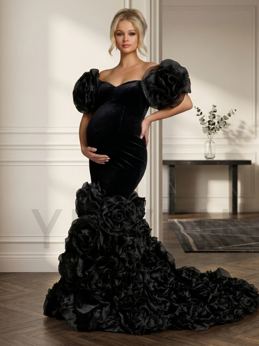 Velvet Off-Shoulder 3D Rose Mermaid Maternity Photoshoot Gown YD260919