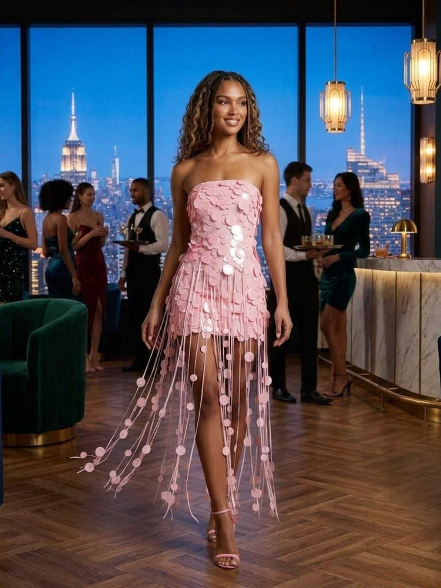 Strapless Sequin Mini Party Dress with Long Fringe Tassels YD261002