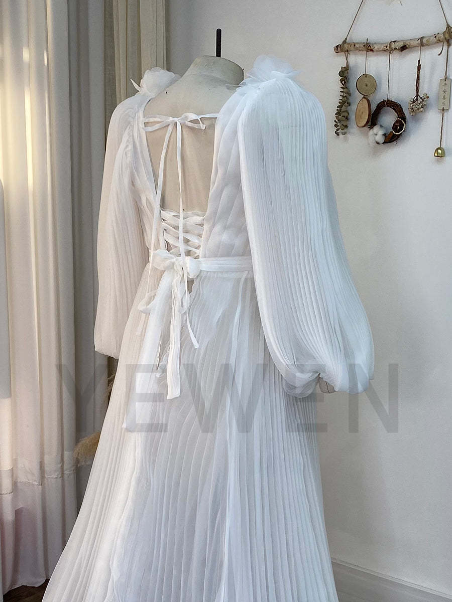 Long Sleeves V Neck Wedding Bridesmaid Dress Soft Organza Pleated Dress YW243114