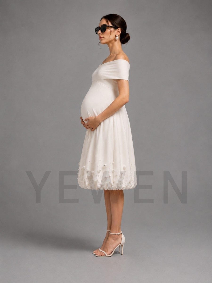 Ivory Off-Shoulder Maternity Baby Shower Dress with Pearl Bubble Skirt L-26927