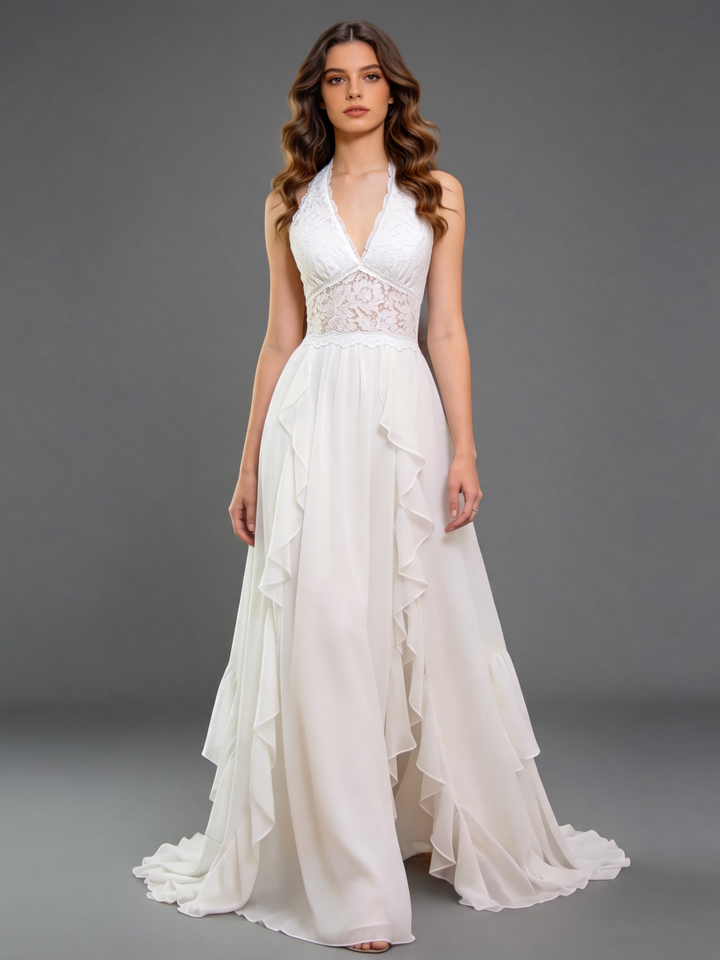 Ivory Halter Chiffon Wedding Dress with Lace Bodice and Ruffled Maxi Skirt
