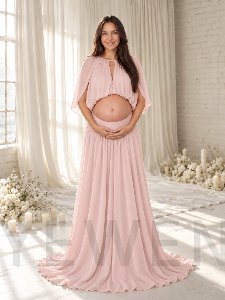 Keyhole Cape Sleeve Chiffon Maternity Photoshoot Gown HA260919