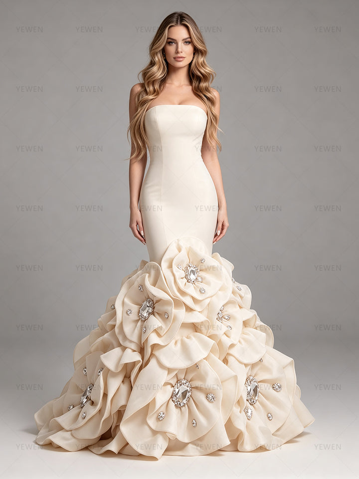2026 Luxury Couture Mermaid Handmade Floral Train Rhinestone Photoshoot Gown Elegant Formal Occasion Dress for Photo Shoot