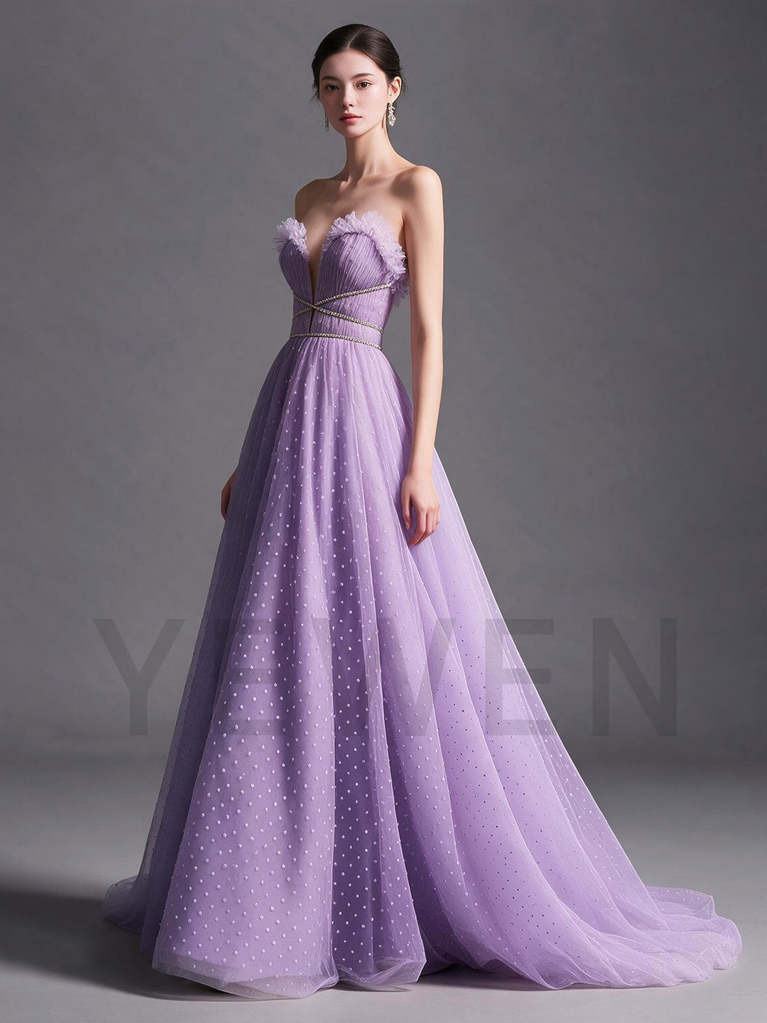 A-Line Strapless Deep V-Neck Swiss Dot Tulle Evening Gown YX008