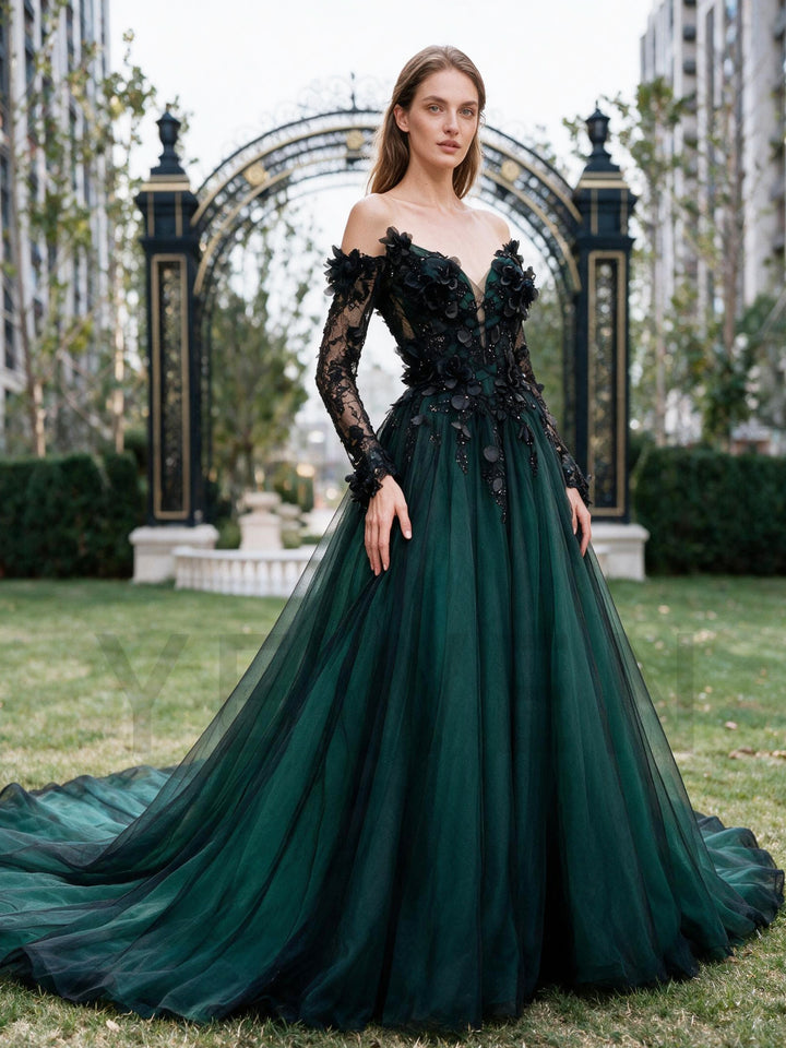 Dark Green 3D Floral Off-Shoulder Long Sleeve Lace Evening GownYX26108