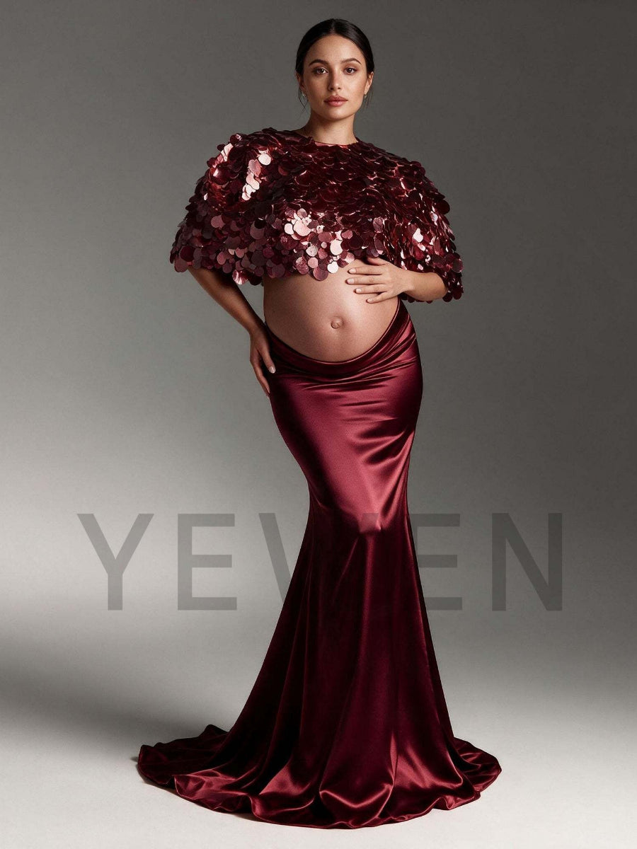 Two-Piece 3D Sequin Cape Mermaid Maternity Baby Shower Dress YW2609251