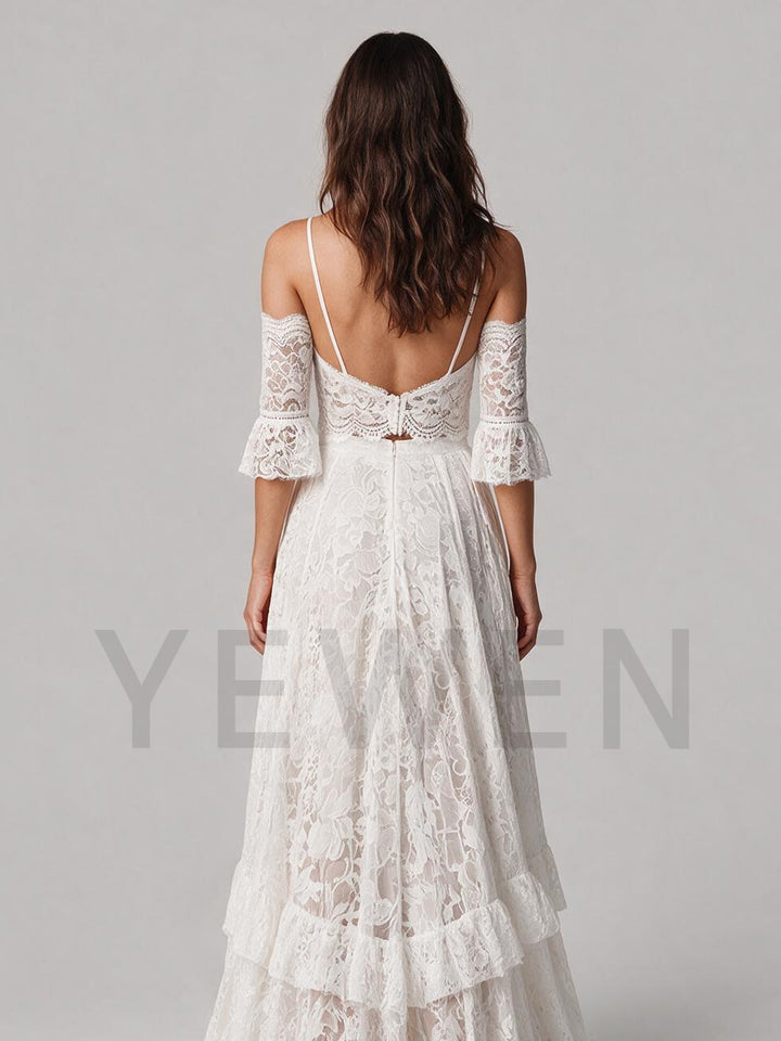 Ivory Two-Piece Spaghetti Lace Boho Wedding Dress with Tiered Ruffle Skirt
