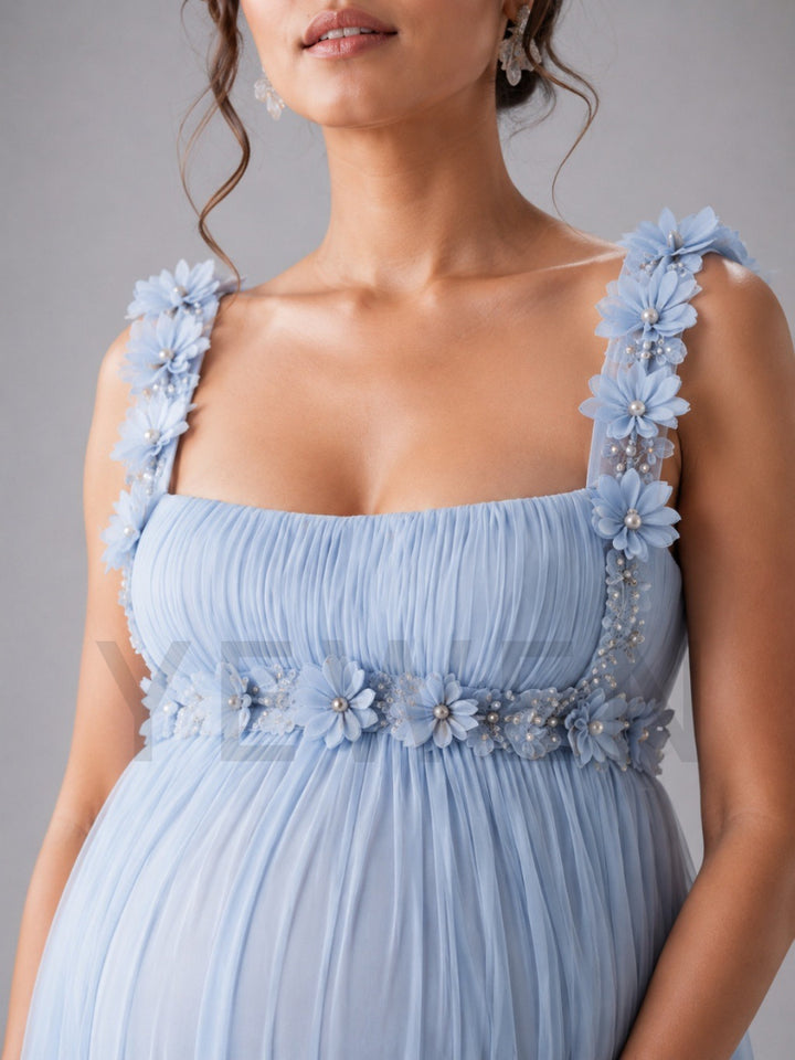 Light Blue Square Neck 3D Floral Maternity Baby Shower Dress L-26926