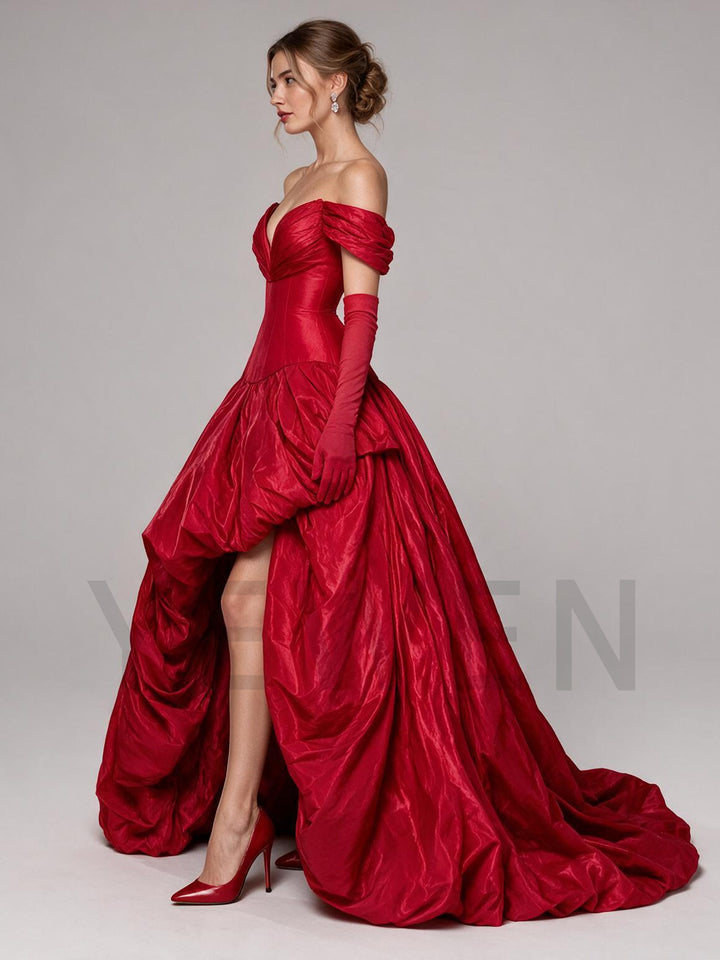 Off-Shoulder Corset High-Low Christmas Dress(without Gloves) YW2610084