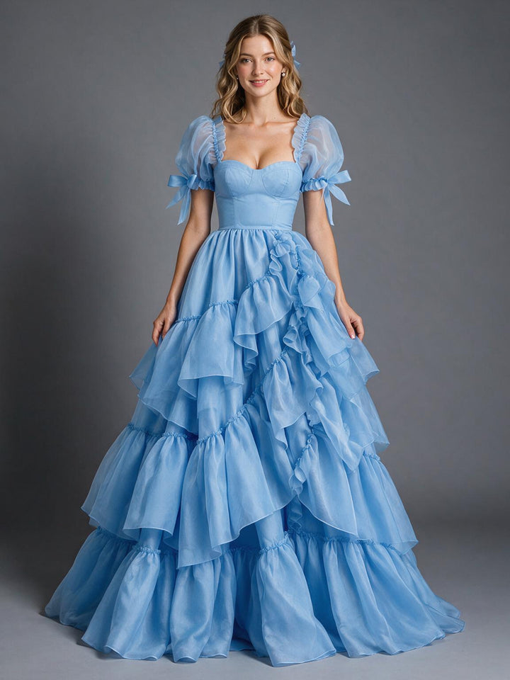 Blue Bow Puff Sleeve Corset Tiered Ruffle Princess Dress YW2609294