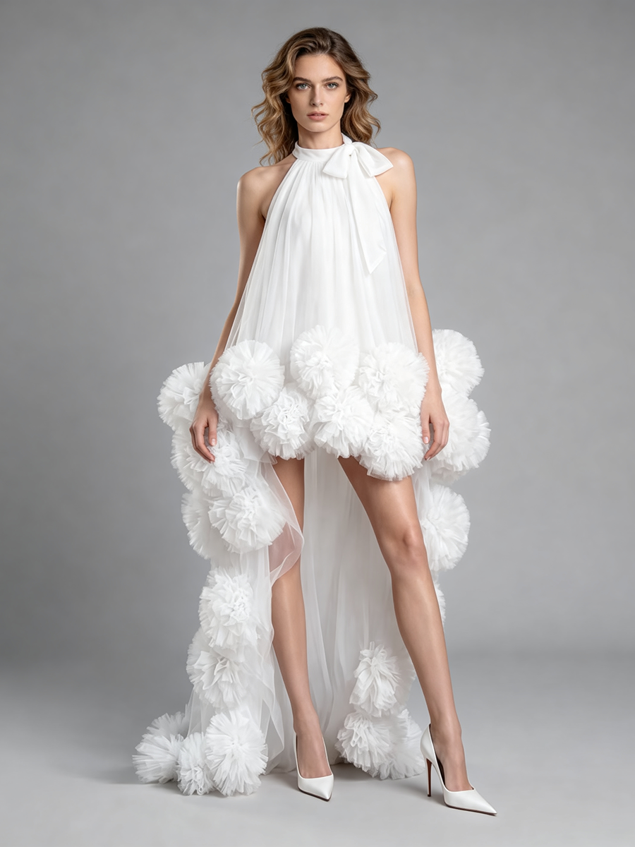 Handmade 3D Flower High Low Photoshoot Dress Elegant Evening Party Dress