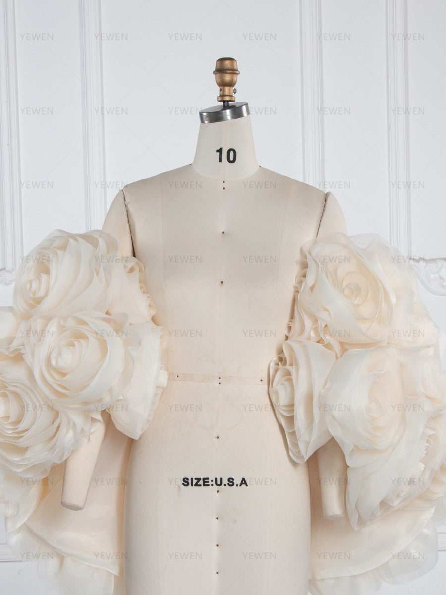 Bridal Organza Cape with Handmade Flowers Romantic Photography Cape YW260263-1