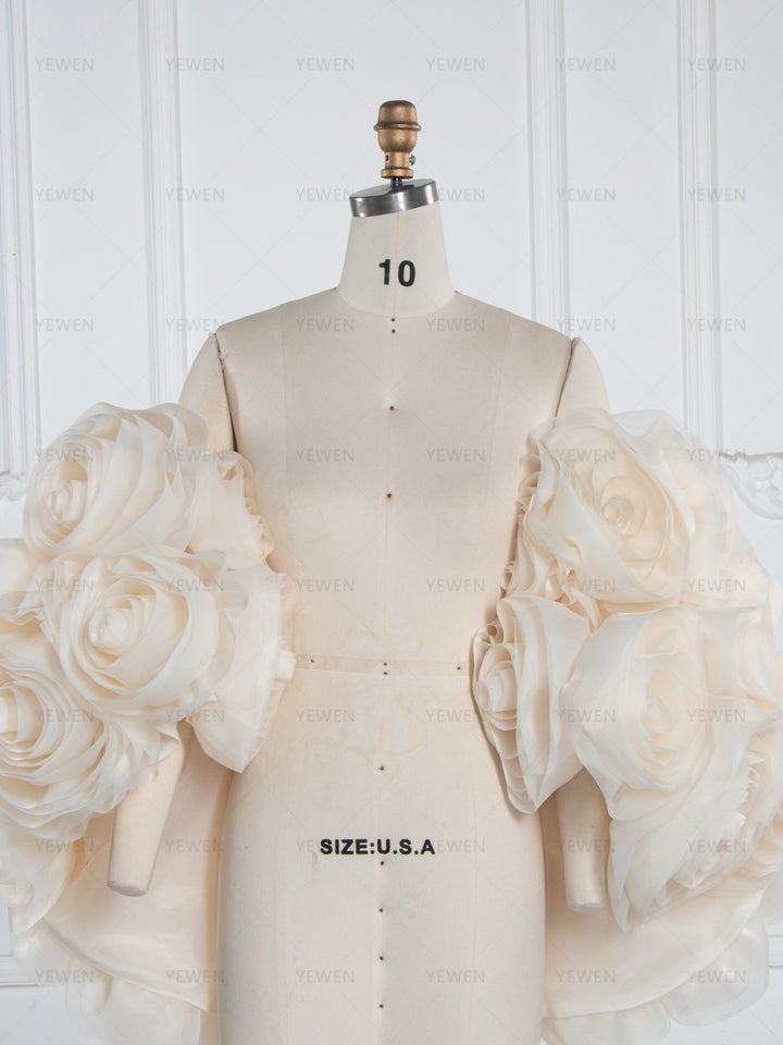 Bridal Organza Cape with Handmade Flowers Romantic Photography Cape YW260263-1