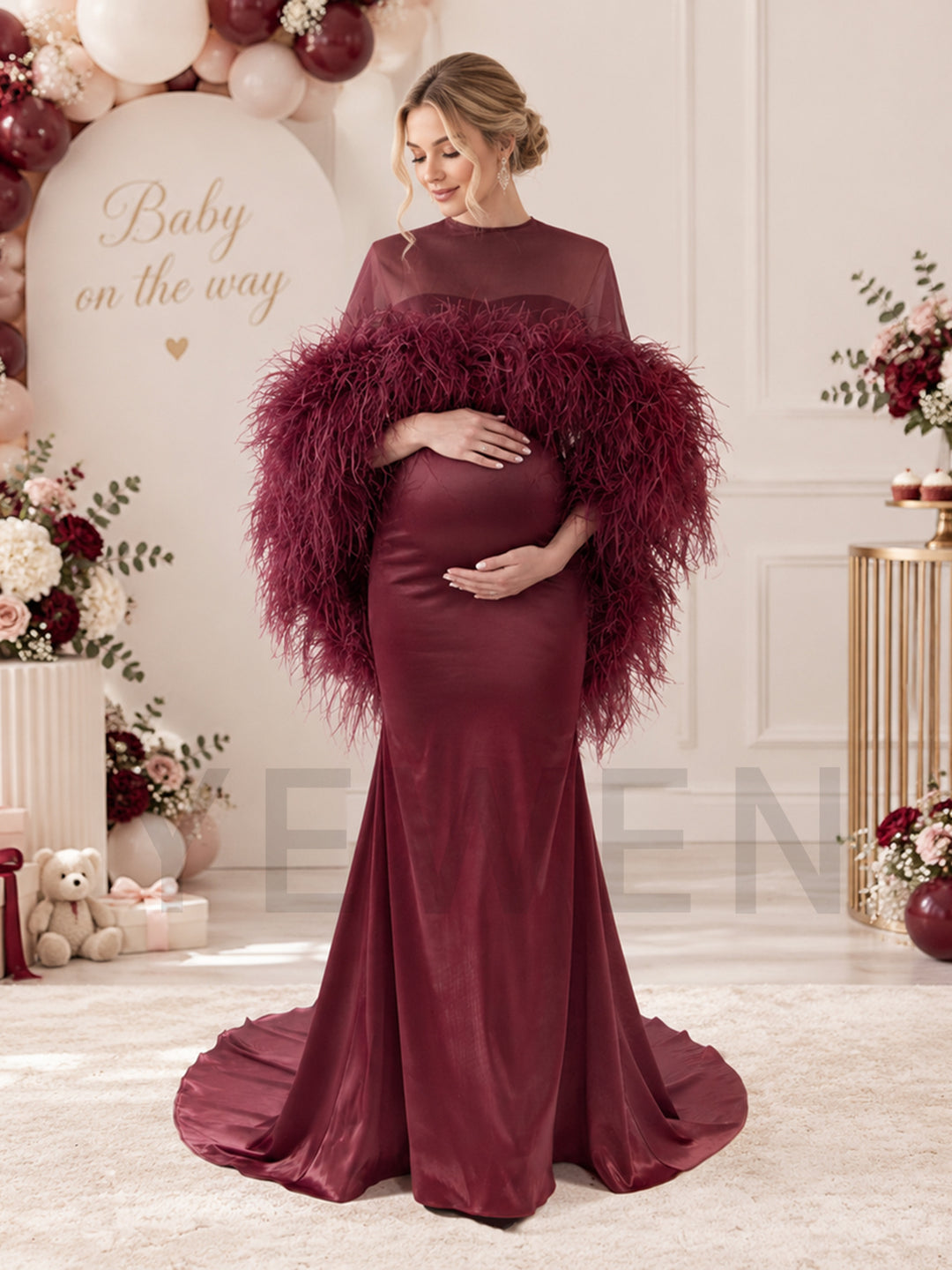 Burgundy Ostrich Feather Cape Maternity Baby Shower Dress YD260917