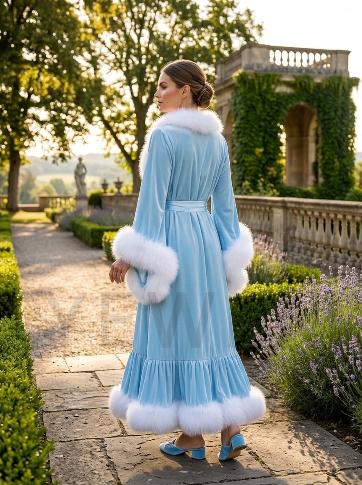 Velvet Christmas Robe with White Faux Fur Trim and Ruffle Hem YD261014