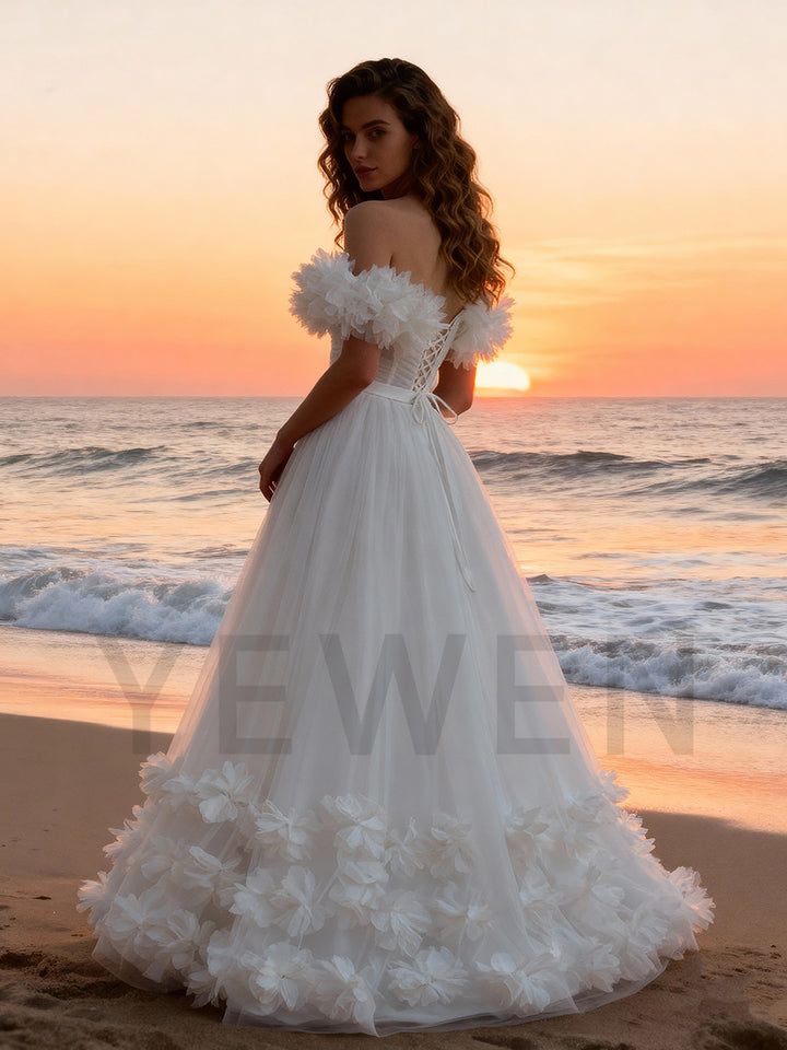 A Line Romantic 3D Floral Appliques Bridal Dress Beach Wedding Dress