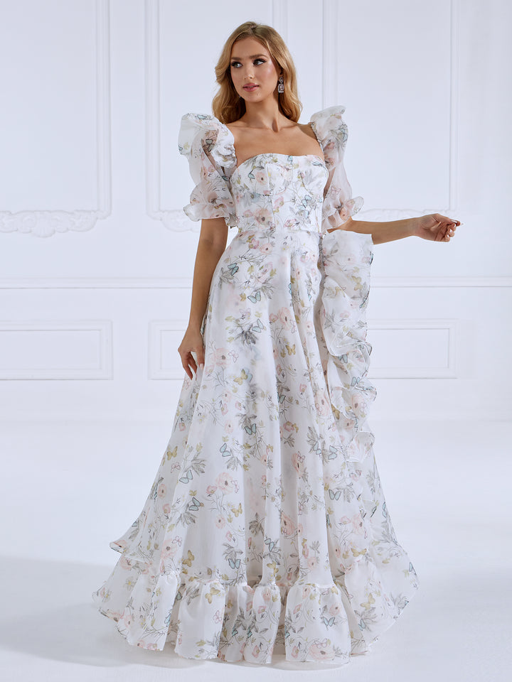 Elegant floral fairy dress with floor length floral print design and short sleeves for prom and photo shoots